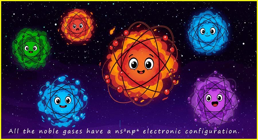 Image showing that all noble gases have a ns2np6 electronic configuration, full outer shells.